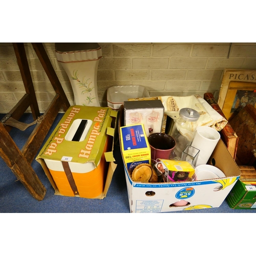 95 - Retro picnic hamper, jardiniere and stand, kitchenalia etc