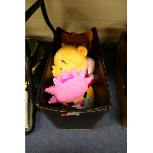 105 - Winnie-the-Pooh, Tom and Jerry soft toys; also Lalaloopsy doll and a leather effect magazine rack