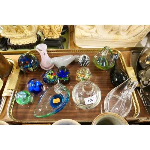 106 - Mdina glass table basket, further Art Glass ware; also glass paperweights and animalier figures (1 t... 