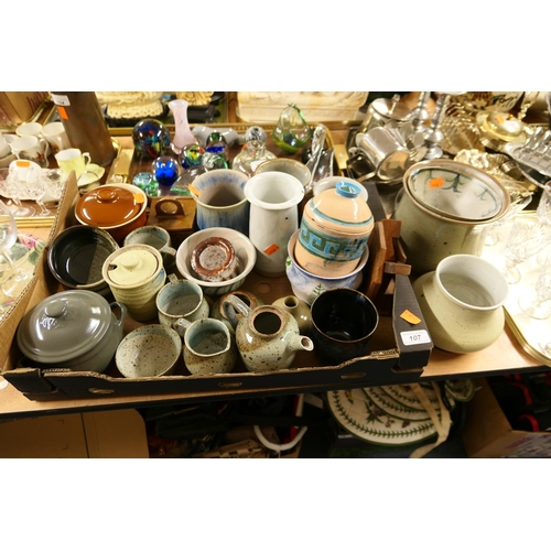 107 - Art Pottery including vases; also coffee wares, kitchenalia (1 tray)