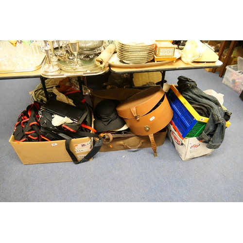 110 - Mixed clothing and accessories including silk ties, hats, assorted bags, Kilim rug off-cuts etc