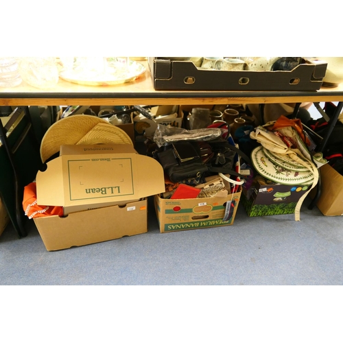 114 - Assorted clothing and accessories including mixed bags, purses, silk ties, hats, shirts etc (3 boxes... 