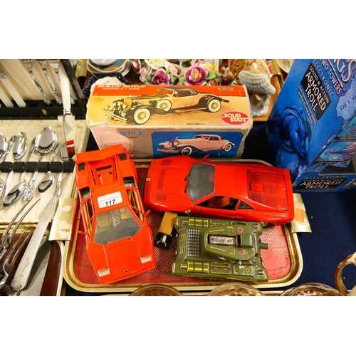 117 - Collector's Rolls Royce radio, boxed, two collectors' model cars and a Japanese tin plate tank etc