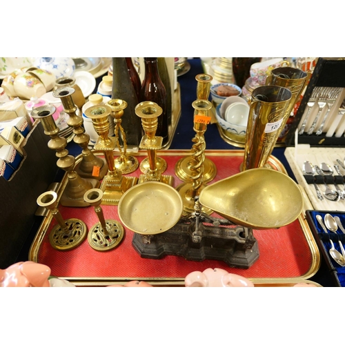 120 - Pair of Art Nouveau style brass vases, five pairs of brass candlesticks and a set of kitchen scales