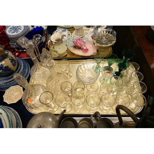 140 - Victorian and later glassware including four Victorian green tinted wine glasses, two onion decanter... 