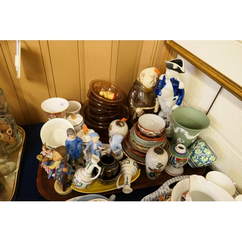 62 - Victorian Staffordshire Lord Nelson jug, other decorative ceramics including a Wedgwood vase (1 tray... 