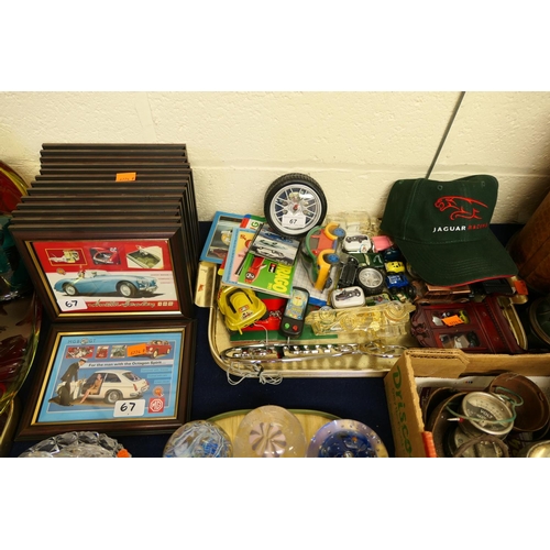 67 - Collection of motoring collectables including framed prints of vintage cars, model cars etc