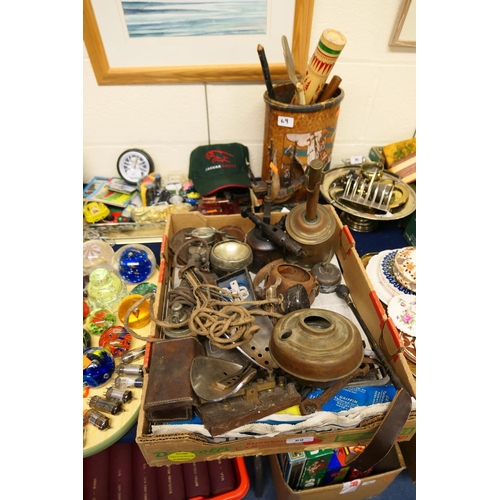 69 - Miscellany including a brass meat jack, blowtorch, Morse key, shoe trees, galleon etc