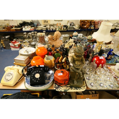 99 - Two vintage rotary telephones, assorted jazz figures, Babycham glasses, soda syphon, fish platter, p... 