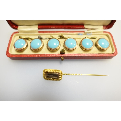 349 - George III memorial stick pin dated 1821, cased set of gold plated and blue glass buttons