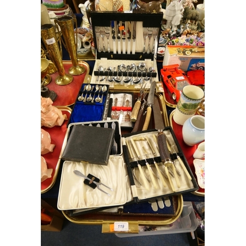 119 - Victorian antler-handled carving knives and forks; also a mixed case of cutlery