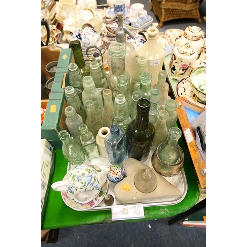 176 - Vintage codd and other bottles, soda syphon, stoneware storage bottles (1 tray)