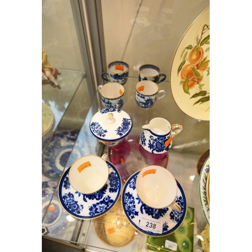 238 - Copeland blue and white coffee cups, saucers, sugar bowl, cream jug; also further blue and white cof... 