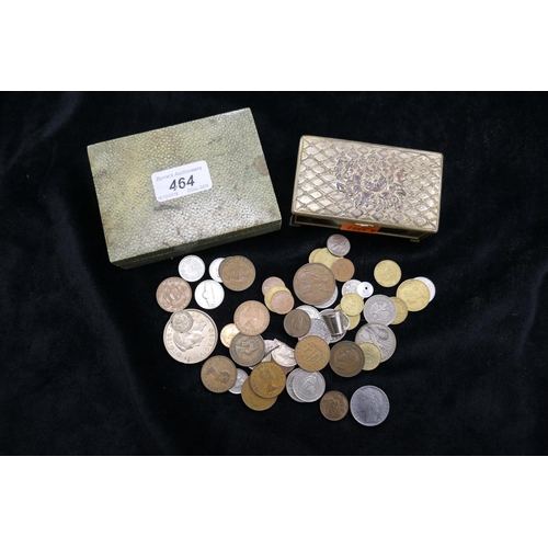 464 - Shagreen box containing mixed coins including 1937 Crown; also antimony box containing further coina... 