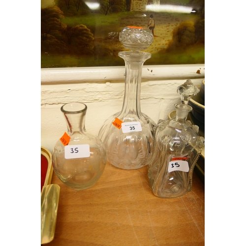 35 - Victorian etched vase, cut glass onion form decanter and a Victorian kluk kluk decanter