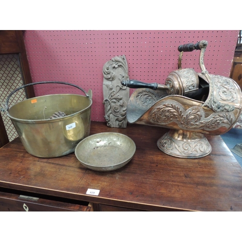 630 - Victorian pressed brass coal scuttle with matching shovel and a carved walnut panel, also a Victoria... 