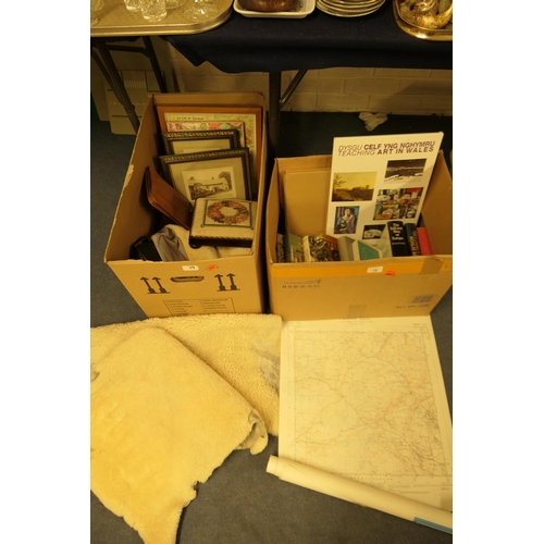 79 - Modern books, Ordnance Survey maps, framed prints, sheepskins, wallets and a footstool (2 boxes)