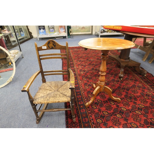 626A - Child’s oak strung seated arm chair, with inlaid nursery rhyme character also a married oval top tri... 