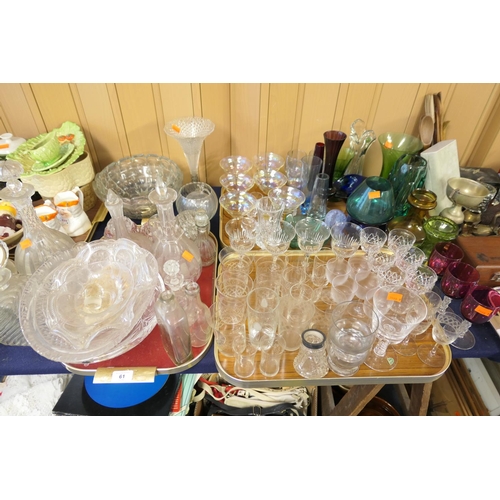 61 - Mixed glassware including enamelled green glass hyacinth vase, three Cranberry wines with faceted st... 