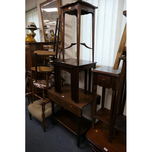 471 - Late Victorian mahogany jardiniere stand, a nest of mahogany tables and an oak drop leaf tea trolley... 