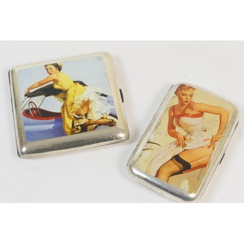 171 - Two American style silver cigarette cases, each having an applied glamour image, one being square, B... 