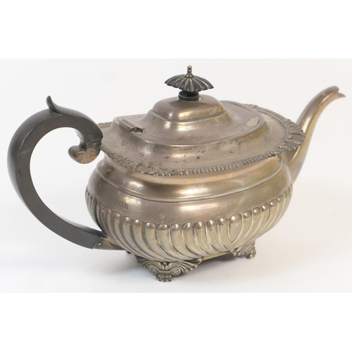 173 - Victorian silver teapot, by the Barnards, London 1859, half reeded bombe form with ebony finial and ... 