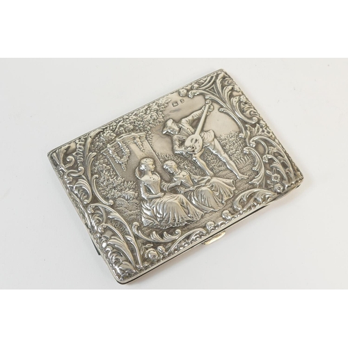 177 - Late Victorian silver aide memoire, Birmingham 1899, rectangular form repousse decorated with a coun... 