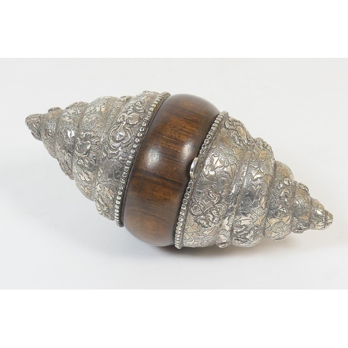 180 - Unusual wooden and white metal double conch form box, possibly Tibetan, having a hinged cone shaped ... 