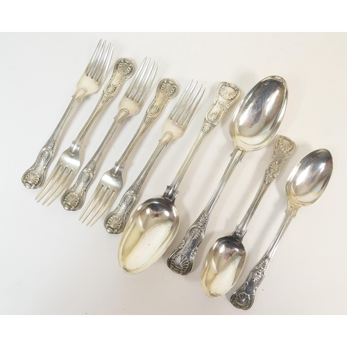 204 - Pair of William IV silver Kings pattern table spoons, by William Eaton, London 1832; also five Victo... 