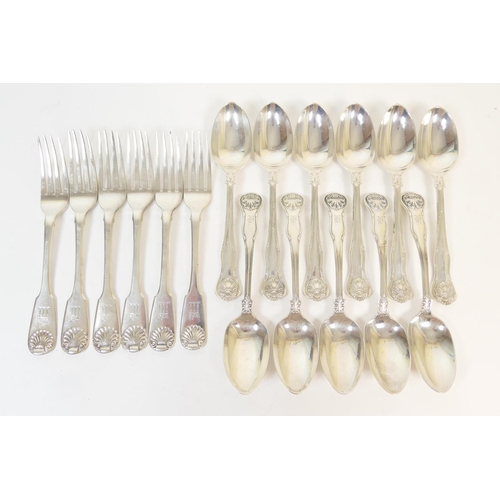 222 - Six George IV silver fiddle and shell pattern table forks, maker R.R, London 1924/5, each engraved w... 