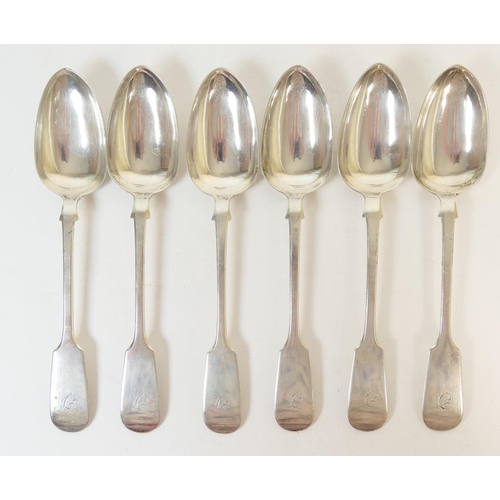 227 - Six Victorian silver fiddle pattern table spoons, by William Rawlins Sobey, Exeter 1850, weight appr... 