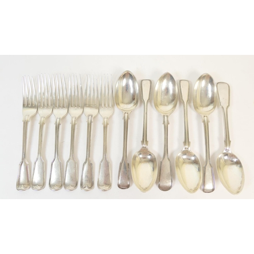 229 - Victorian silver fiddle and thread pattern dessert forks and spoons, comprising: four spoons and two... 