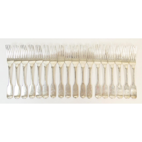 230 - Georgian and later silver fiddle pattern flatware comprising: six dessert forks by Jonathan Hayne, L... 