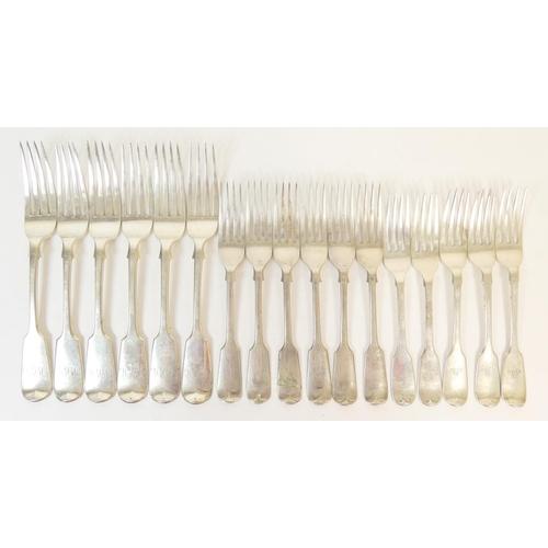 231 - Silver fiddle pattern flatware comprising: six Victorian table forks, by James and Josiah Williams, ... 