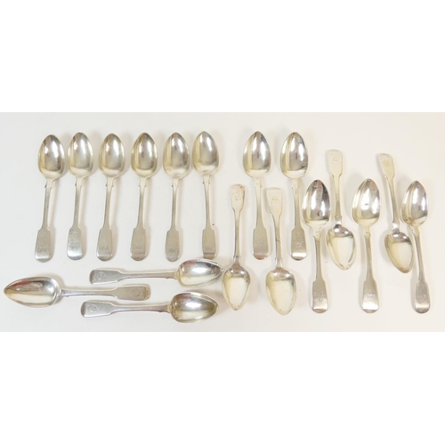 234 - Six George IV silver fiddle pattern dessert spoons, by Jonathan Hayne, London 1829; three further fi... 