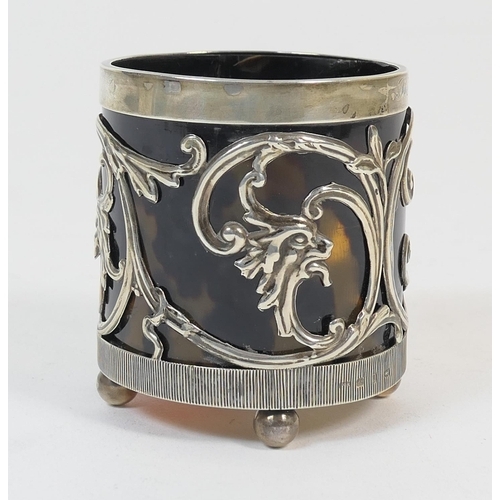 181 - Victorian silver and tortoiseshell pot, Birmingham 1890, cylinder form pierced with arabesque scroll... 