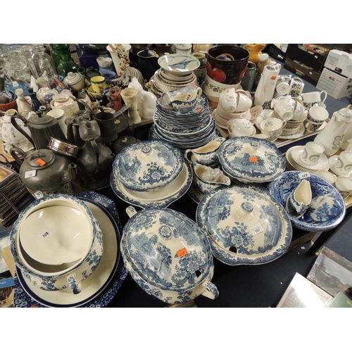 107 - Royal Worcester Palissy blue and white wares including tureens, soup bowls, plates etc; also three C... 