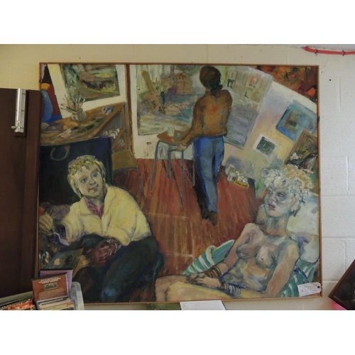 140 - Marjorie Stoddard (1931-2018), 'Artist's studio with model', circa 1990, large framed oil painting