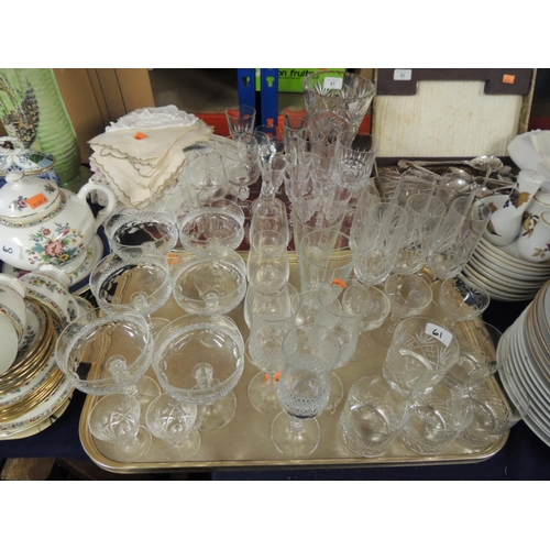 61 - Mixed pedestal glass wares and tumblers including champagne flutes, ice cream dishes; also a vase, a... 