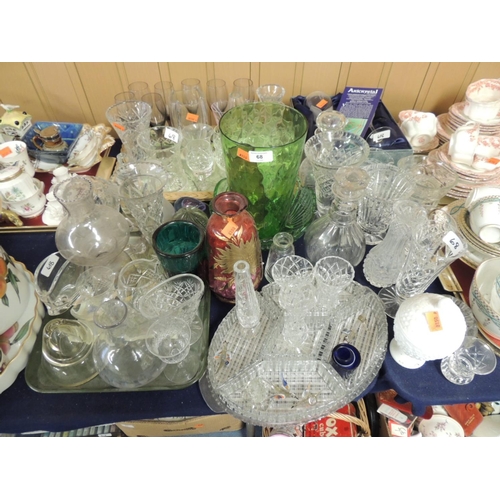68 - Good quantity of glassware including decanters, vases, hors d'oeuvres dish, pedestal glasses, green ... 
