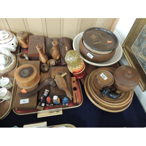 73 - Varied mix of treen including large oval fish plate, further plates, fruit bowls, wooden boxes, lidd... 