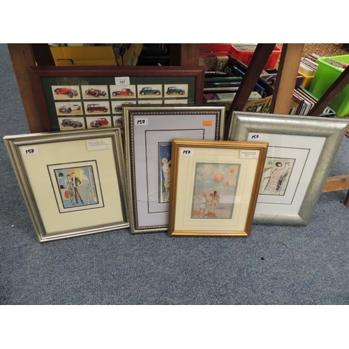 157 - Four framed Art Deco prints and Player's cigarette cards of 1936 showing vintage Coupes etc