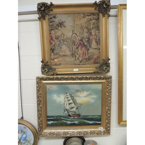 81 - French period tapestry in a wooden and gilt moulded frame; also K. Hermans 'Masted sailing ship at s... 