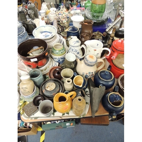 113 - West German brown ground jardiniere, Denby coffee and teapots, further Denby wares, Old Granite Ware... 