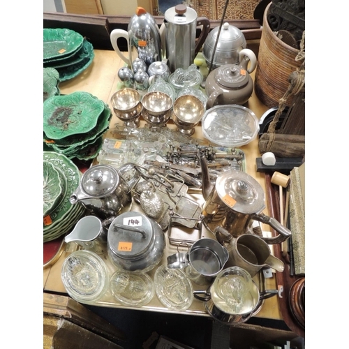 144 - Mixed lot of plated wares, ceramics and glass including silver plated coffee pot, milk jug, pedestal... 