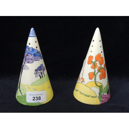 238 - Two reproduction Clarice Cliff conical sugar sifters