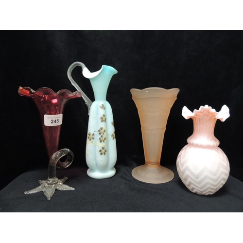 245 - Cranberry glass trumpet vase; also a sky blue satin finish and floral decorated ewer, a pink satin f... 