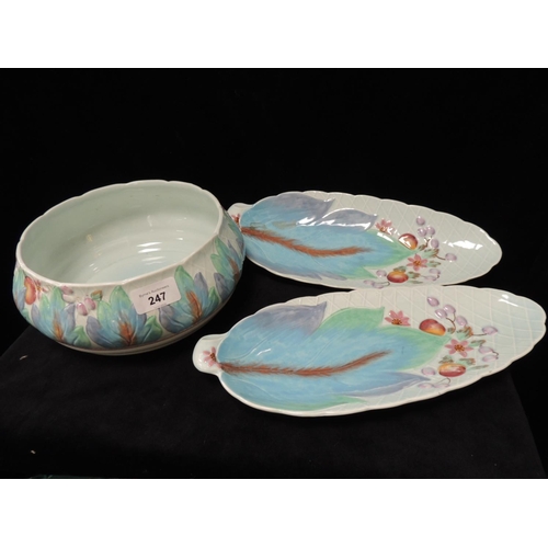 247 - Clarice Cliff blue ground leaf and grape pattern fruit bowl; also two matching leaf shaped serving d... 