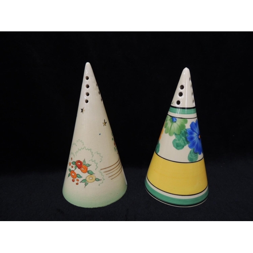 255 - Clarice Cliff Sungay conical sugar sifter and a further Clarice Cliff conical sugar sifter (2)