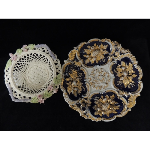 256 - Mid-19th Century Meissen blue ground and gilt painted dish and a Belleek basket weave twin handled b... 